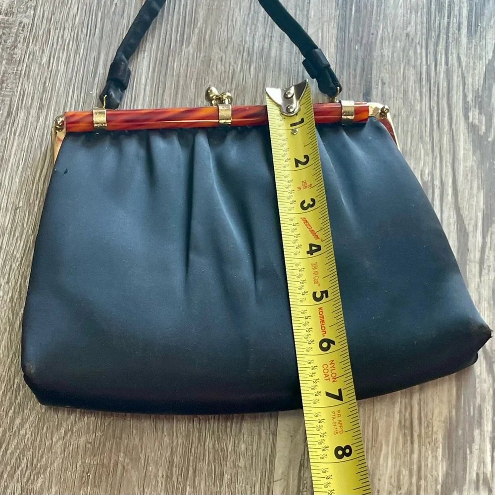 Vintage 60s Ande Black Satin Evening Bag + Tortoise Shell Style Clasp Purse - Picture 15 of 16